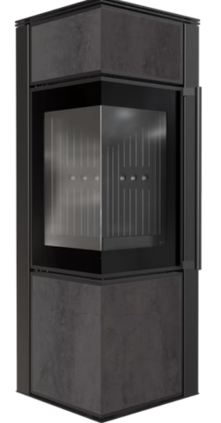 Kaminofen aus Stahl TORA/M 8 kW Ø 150 Quarzsinter FOKOS SALE schwarz Verkleidung