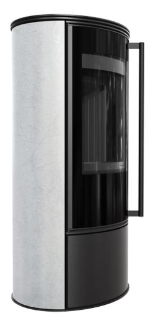 Kratki ERIK - Kaminofen aus Stahl Ø 150 5,5 kW dekorative Keramiken GRAFITE SATIN schwarz Verkleidung mit Türfeder Weiss