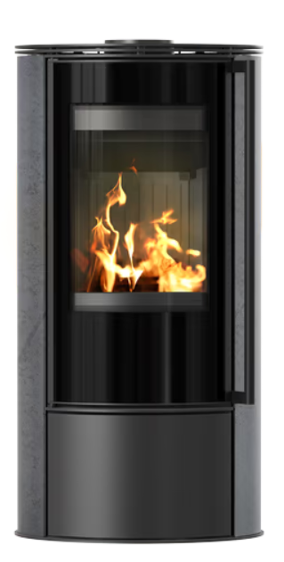 Kratki ERIK - Kaminofen aus Stahl Ø 150 5,5 kW dekorative Keramiken GRAFITE SATIN schwarz Verkleidung mit Türfeder Weiss