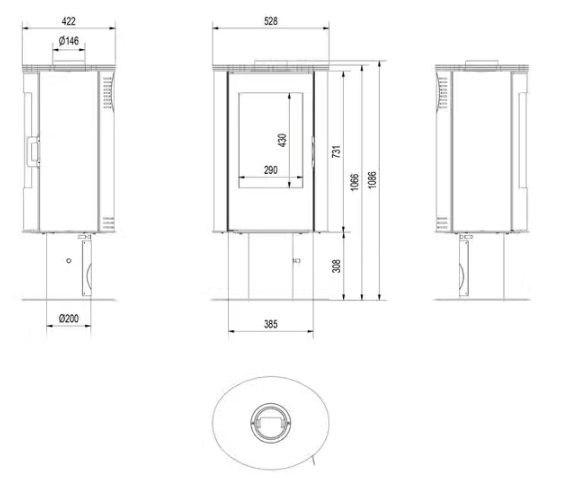 Kratki AB S/N/DR - Kaminofen aus Stahl mit Standfuss Ø 150 8 kW mit Türfeder