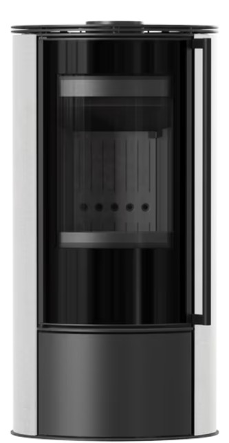 Kratki ERIK - Kaminofen aus Stahl Ø 150 5,5 kW dekorative Keramiken WHITE SATIN schwarz Verkleidung