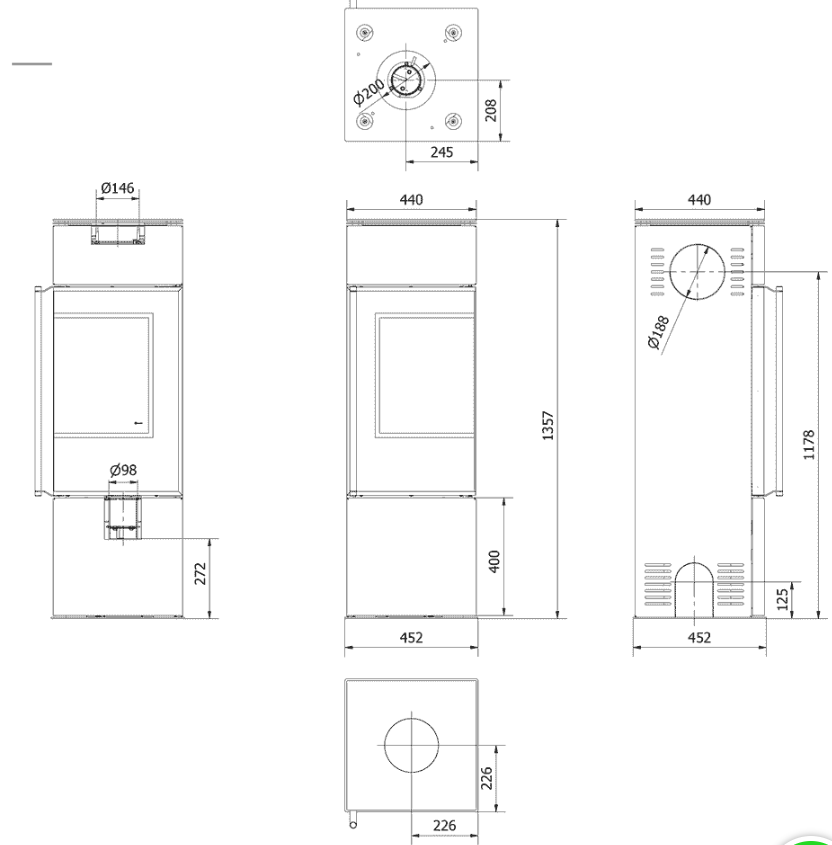 Kratki REN/S rechts - Kaminofen aus Stahl Ø 150 7 kW schwarz Verkleidung
