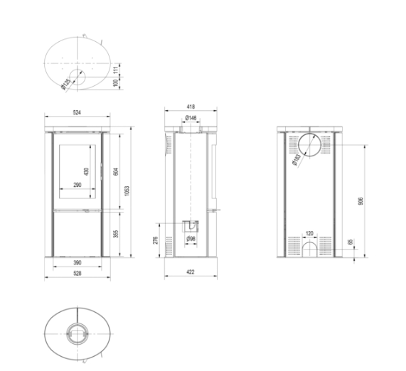Kratki AB S/DR ECO - Kaminofen aus Stahl 5,5 kW Ø 150 Dekorative Fassadenverkleidung creme Schwarz thermotec