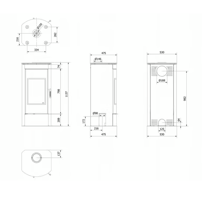 Kratki TITAN Panorama - Kaminofen aus stahl Ø 150 11 kW mit Türfeder