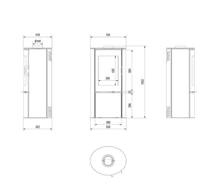 Kratki AB S/DR - Kachelofen aus stahl Ø 150 8 kW schwarz Kachel