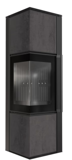 Kratki TORA/M - Kaminofen aus Stahl 8 kW Ø 150 Quarzsinter NATURALI PIETRA DI SAVOIA ANTRANCITE BOCCIARDATA schwarz Verkleidung mit Türfeder