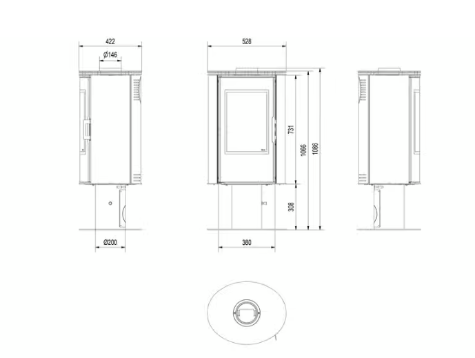 Kratki AB S/N/O/DR/GLASS - Kaminofen aus Stahl drehbar Ø 150 8 kW mit Türfeder