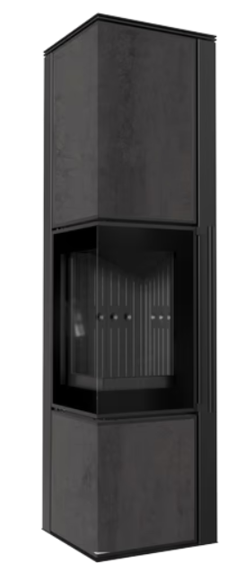 Kratki TORA/L - Kaminofen aus Stahl 8 kW Ø 150 Quarzsinter NATURALI PIETRA DI SAVOIA ANTRANCITE BOCCIARDATA schwarz Verkleidung mit Türfeder