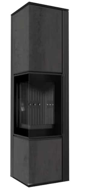Kratki TORA/L - Kaminofen aus Stahl 8 kW Ø 150 Quarzsinter NATURALI PIETRA DI SAVOIA ANTRANCITE BOCCIARDATA schwarz Verkleidung
