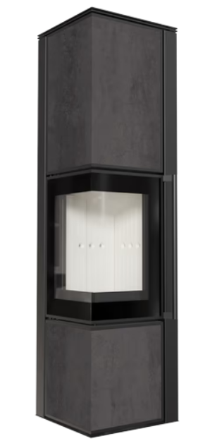 Kratki TORA/L - Kaminofen aus Stahl 8 kW Ø 150 Quarzsinter NATURALI PIETRA DI SAVOIA ANTRANCITE BOCCIARDATA mit Türfeder