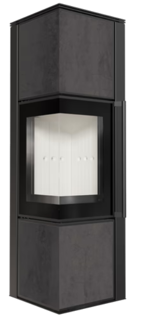 Kratki TORA/M - Kaminofen aus Stahl 8 kW Ø 150 Quarzsinter NATURALI PIETRA DI SAVOIA ANTRANCITE BOCCIARDATA mit Türfeder