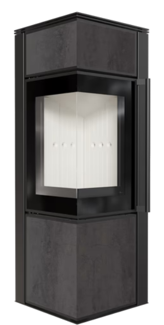 Kratki TORA/S - Kaminofen aus Stahl 8 kW Ø 150 Quarzsinter NATURALI PIETRA DI SAVOIA ANTRANCITE BOCCIARDATA mit Türfeder