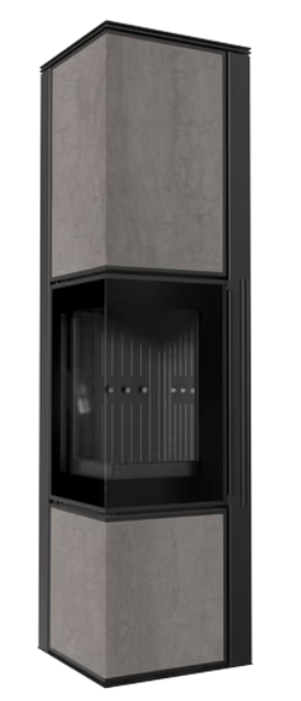 Kratki TORA/L - Kaminofen aus Stahl 8 kW Ø 150 Quarzsinter NATURALI PIETRA DI SAVOIA GRIGIA BOCCIARDATA schwarz Verkleidung