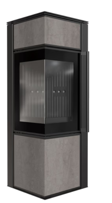 Kratki TORA/S - Kaminofen aus Stahl 8 kW Ø 150 Quarzsinter NATURALI PIETRA DI SAVOIA GRIGIA BOCCIARDATA schwarz Verkleidung mit Türfeder