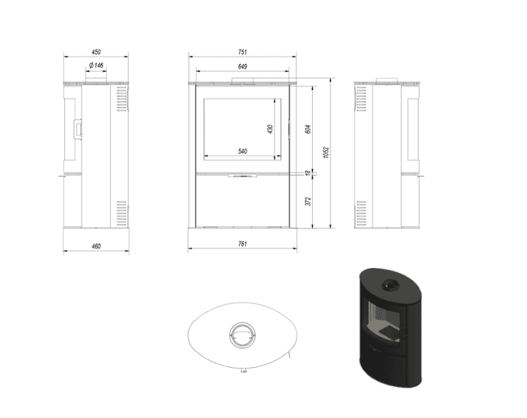 Kratki KOZA - Kaminofen aus stahl AB S/2 Ø 150 10 kW mit Türfeder schwarz Verkleidung