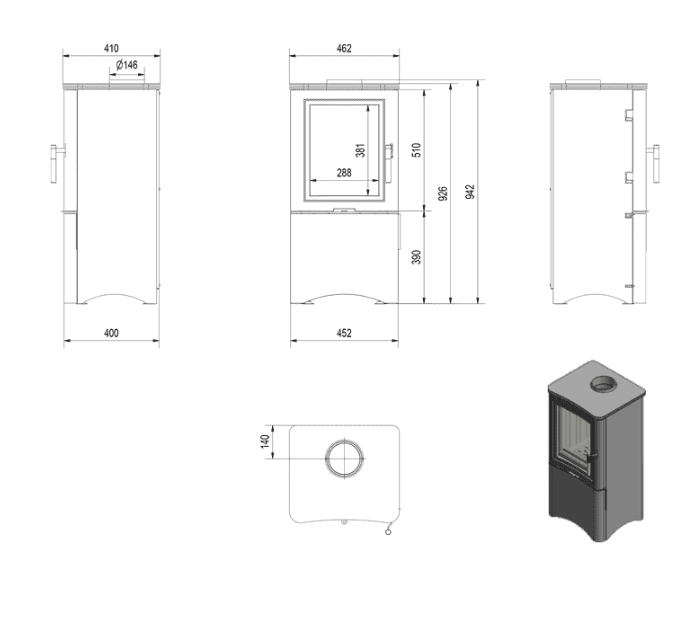 Kratki K5 - Kaminofen aus Stahl Ø 150 7 kW regal für holz mit Tür schwarz Verkleidung