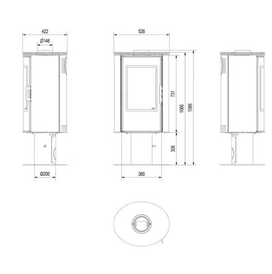 Kratki KOZA -Kaminofen aus Stahl AB S/N/DR/GLASS mit Standfuss Ø 150 8 kW mit Türfeder