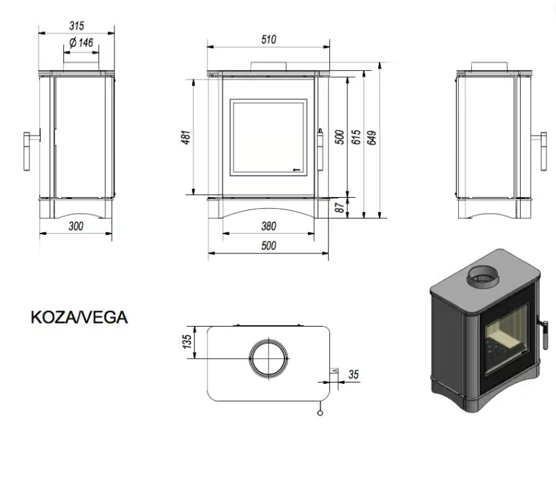 Kratki VEGA - Kaminofen aus Stahl Ø 150 6 kW mit Türfeder