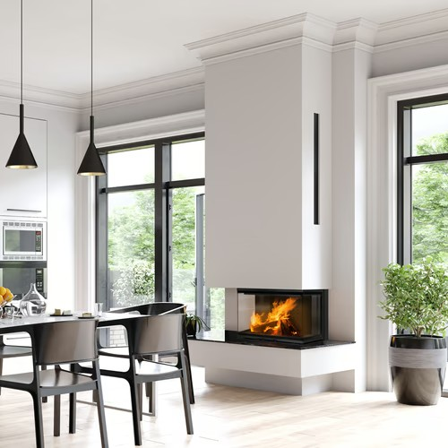 Kamineinsatz NBC 800/400 - 10 kW Ø 200 - Stahlfront mit Siebdruckglas - Dreiseitiger Aufzug