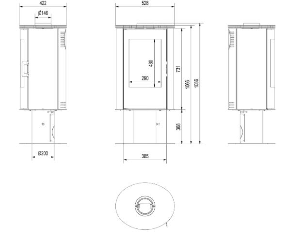 Kratki AB S/N/DR - Kaminofen aus Stahl mit Standfuss Ø 150 8 kW schwarz Verkleidung