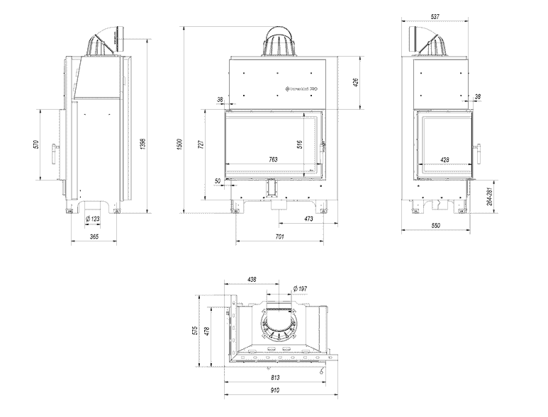 Kamineinsatz aus Stahl MBA links 17 kW Ø 200