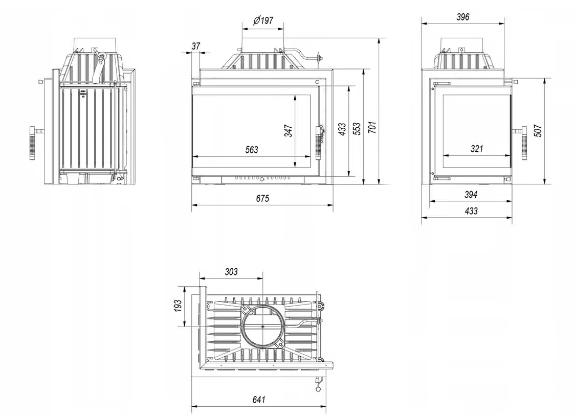 Kamineinsatz Gusseisen SIMPLE links 8 kW Ø 200 Einbausatz 2