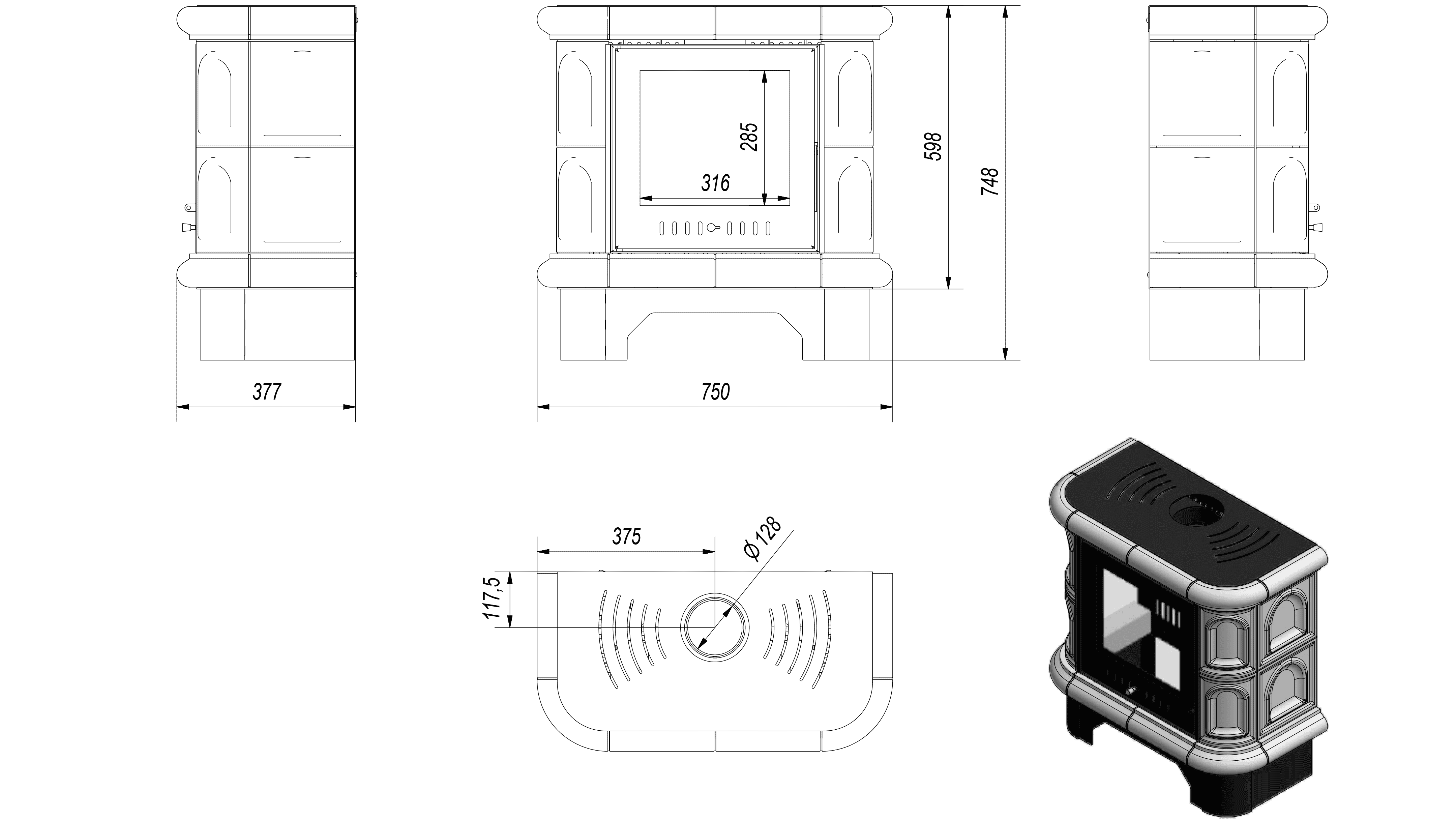 Kachelofen aus stahl WK440 Ø 130 5,5 kW schwarz Kachel