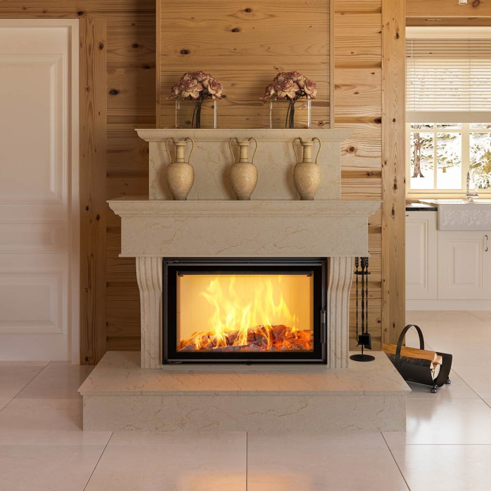 Intelligenter Kamineinsatz LUCY 14 kW Ø 200 schwarz Verkleidung MSK GLASS