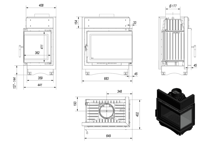 Kamineinsatz Gusseisen MAJA DECO rechts 8 kW Ø 180