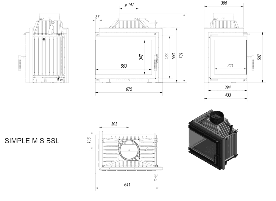 Kamineinsatz Gusseisen SIMPLE links 8 kW Ø 150