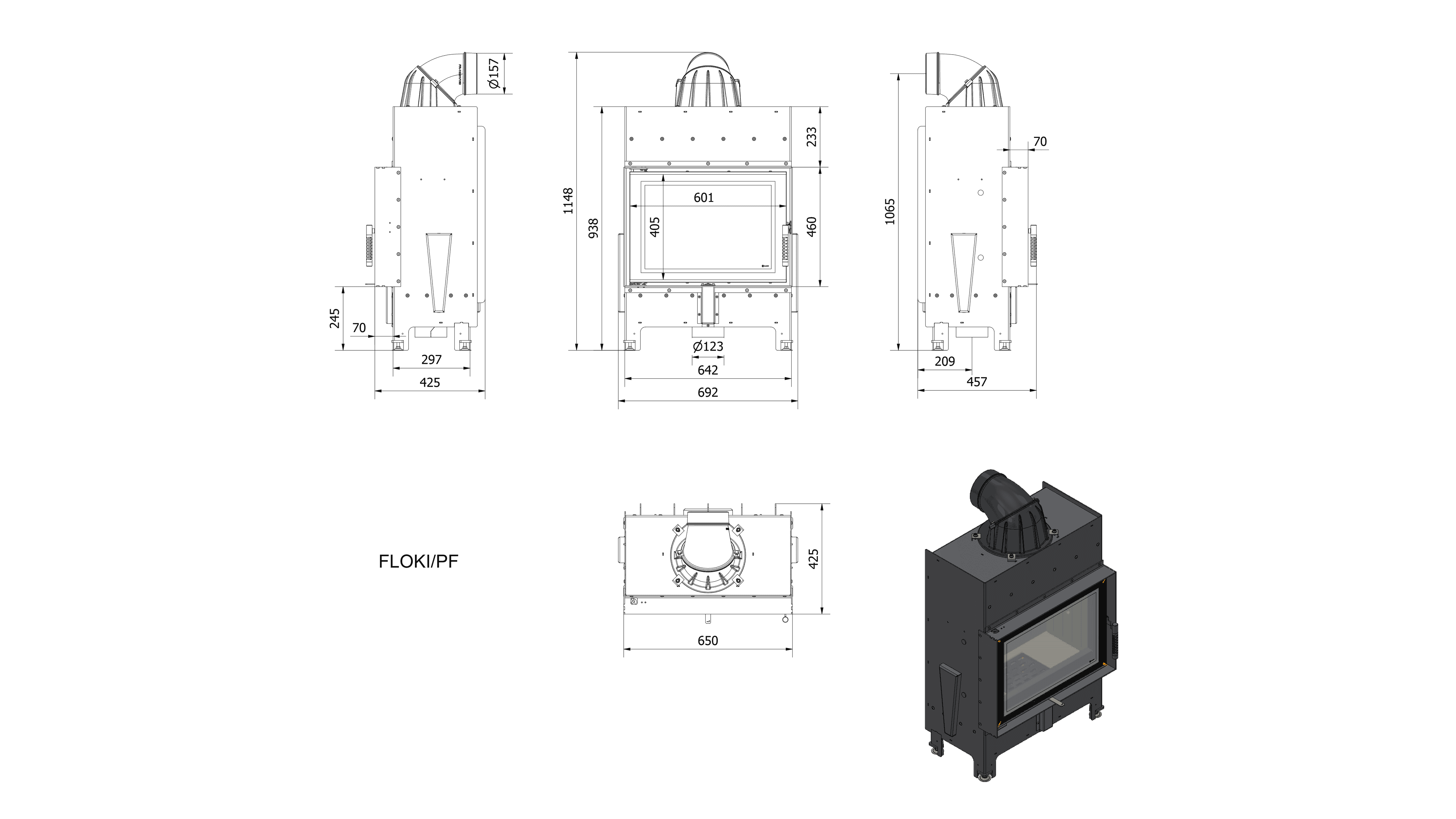 Kamineinsatz aus Stahl FLOKI S links 8 kW Ø 160 mit Türfeder