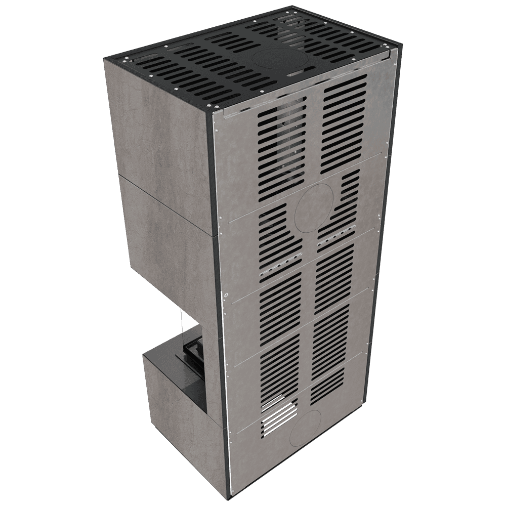 Kaminbausatz FLOKI BOX rechts 8 kW Ø 160 Quarzsinter CEMENTO GRIGIO BOCCIARDATA