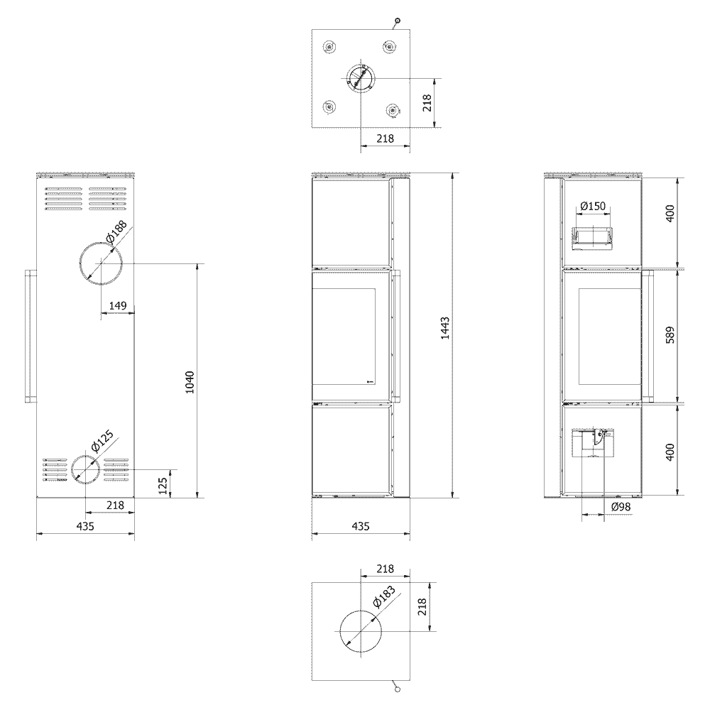 Kaminofen aus Stahl TORA/S 8 kW Ø 150 Schwarzes Glaspaneel mit Türfeder