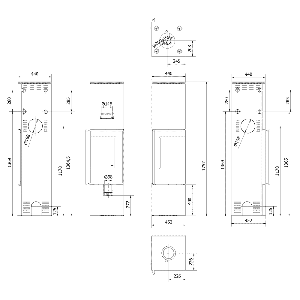 Kaminofen aus Stahl REN/L rechts Ø 150 7 kW schwarz Verkleidung