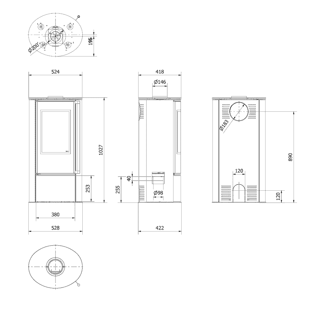 Kaminofen aus Stahl ERIK Ø 150 5,5 kW mit Türfeder