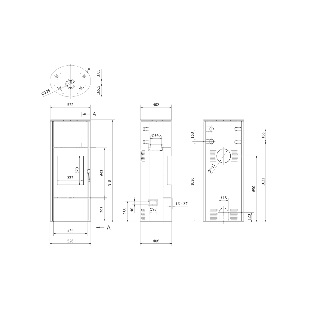 Kaminofen aus stahl ROLLO Hoch Ø 150 7 kW schwarz Verkleidung