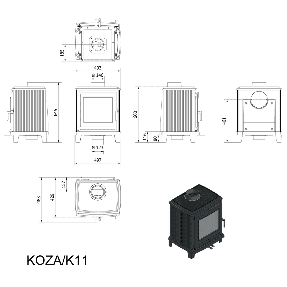 Gußeisen Kaminofen K11 Ø 150 6 kW mit Türfeder