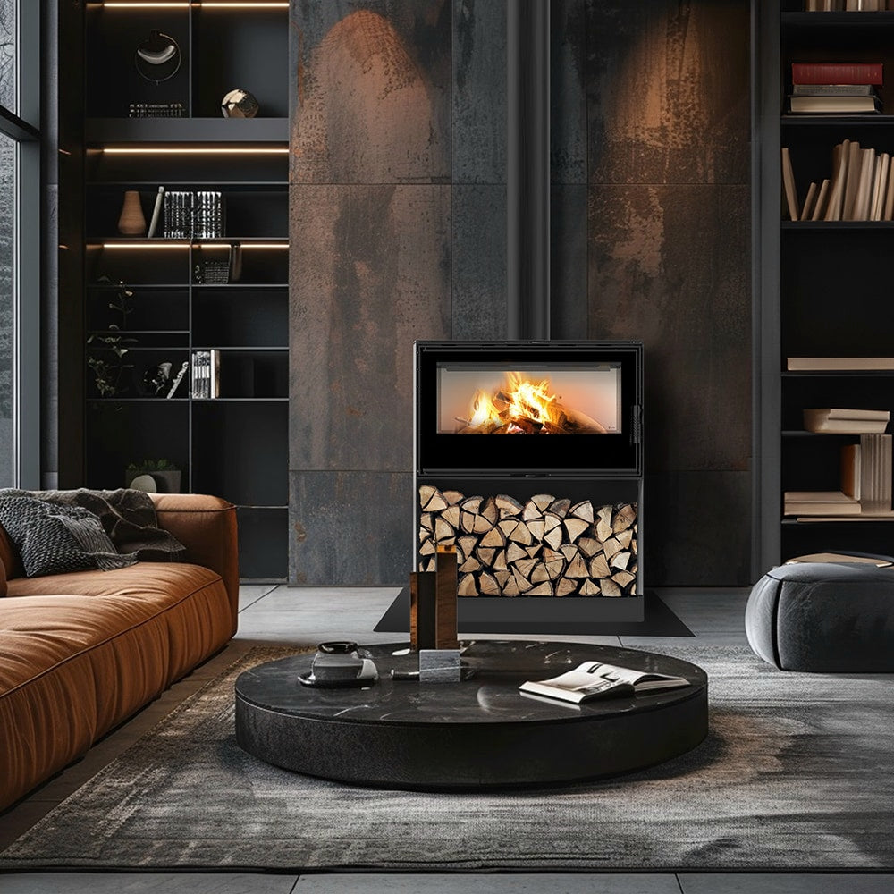 Kaminofen aus Stahl KARI 95 Ø 180 14 kW Platz für Holz schwarz Verkleidung