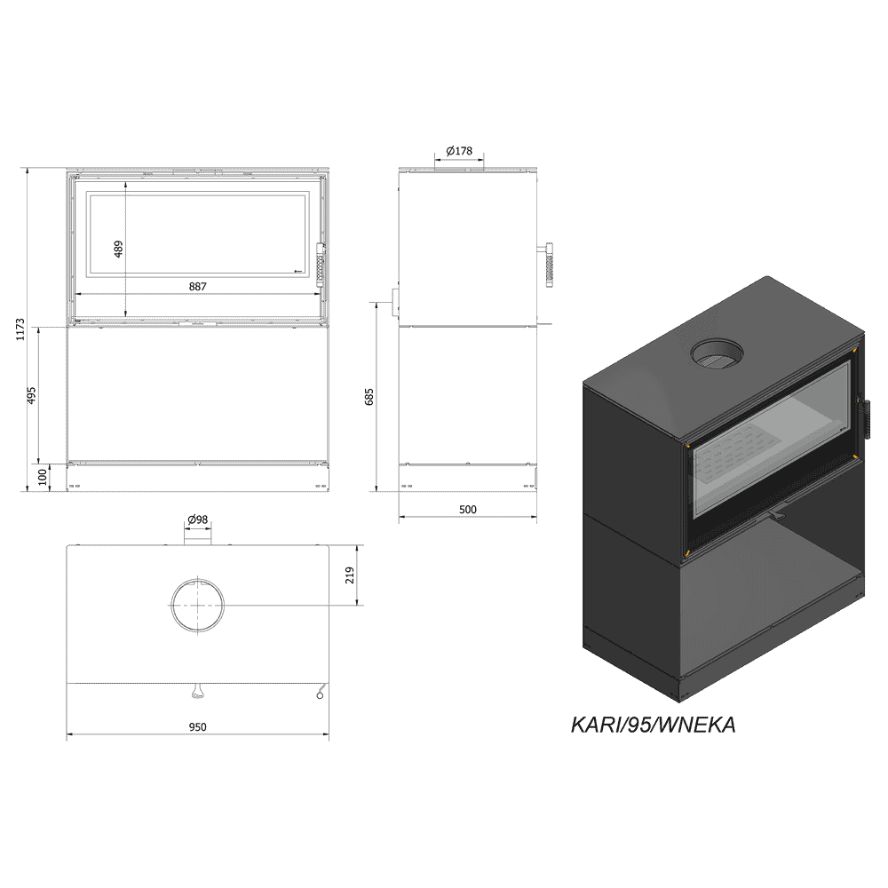 Kaminofen aus Stahl KARI 95 Ø 180 14 kW Platz für Holz