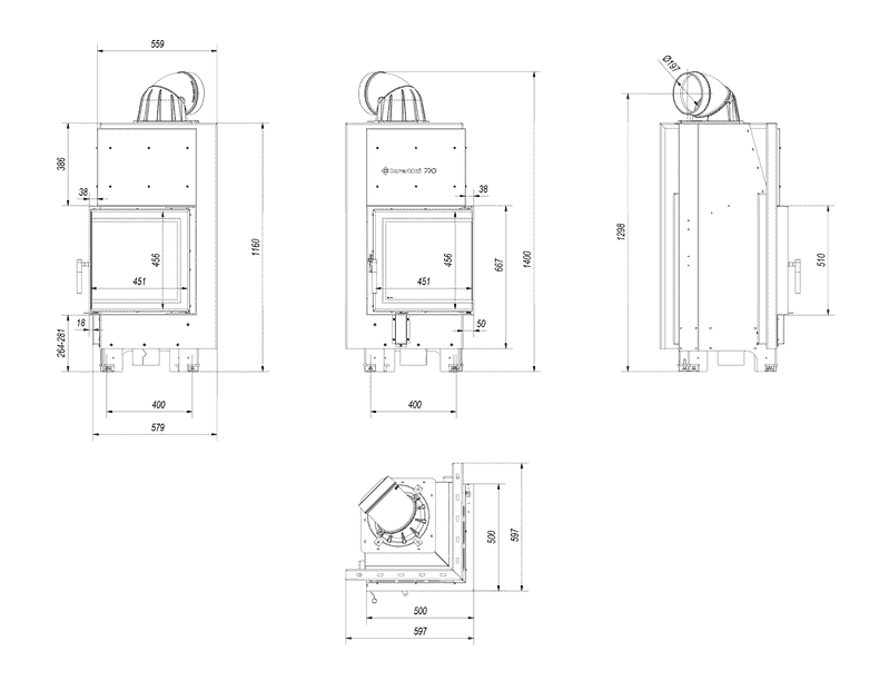 Kamineinsatz aus Stahl MBN rechts 8 kW Ø 200 schwarz Verkleidung