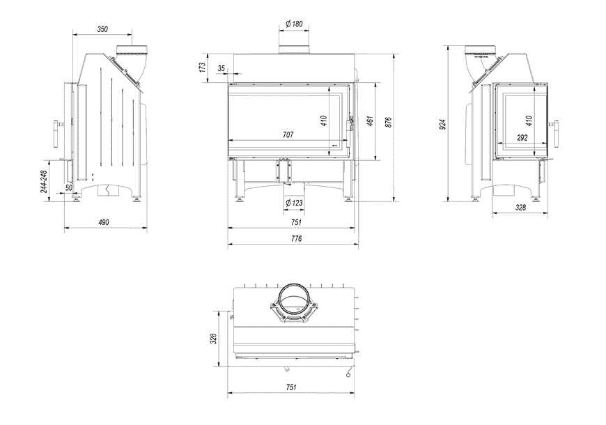 Kamineinsatz aus Stahl ZIBI links 11 kW Ø 180 DECO mit Türfeder