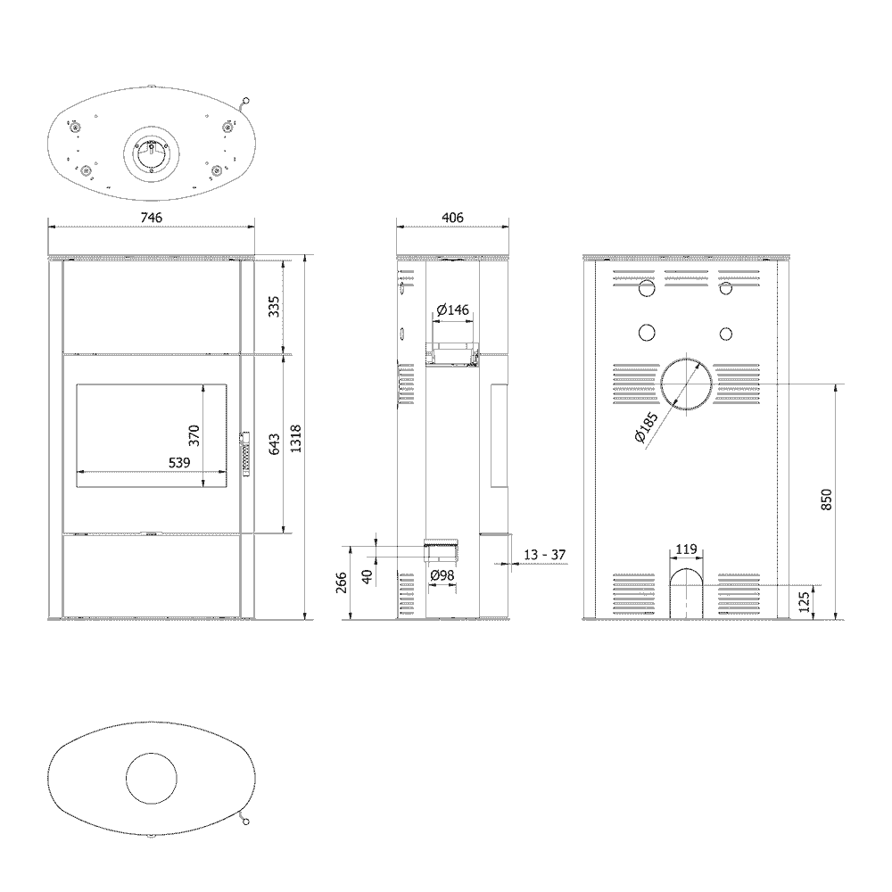 Kaminofen aus stahl AB/S/2/ROLLO Hoch Ø 150 10 kW schwarz Verkleidung