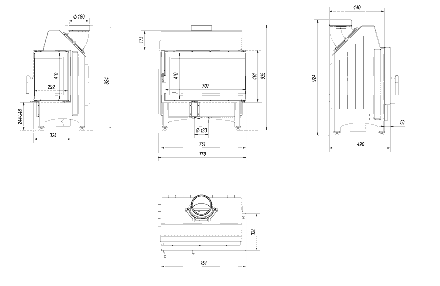 Kamineinsatz aus Stahl ZIBI rechts 11 kW Ø 180 DECO schwarz Verkleidung