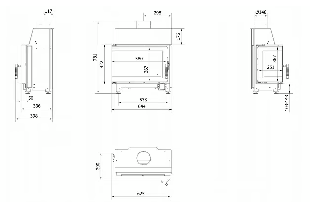 Kamineinsatz aus Stahl SIMPLE rechts 6 kW Ø 150