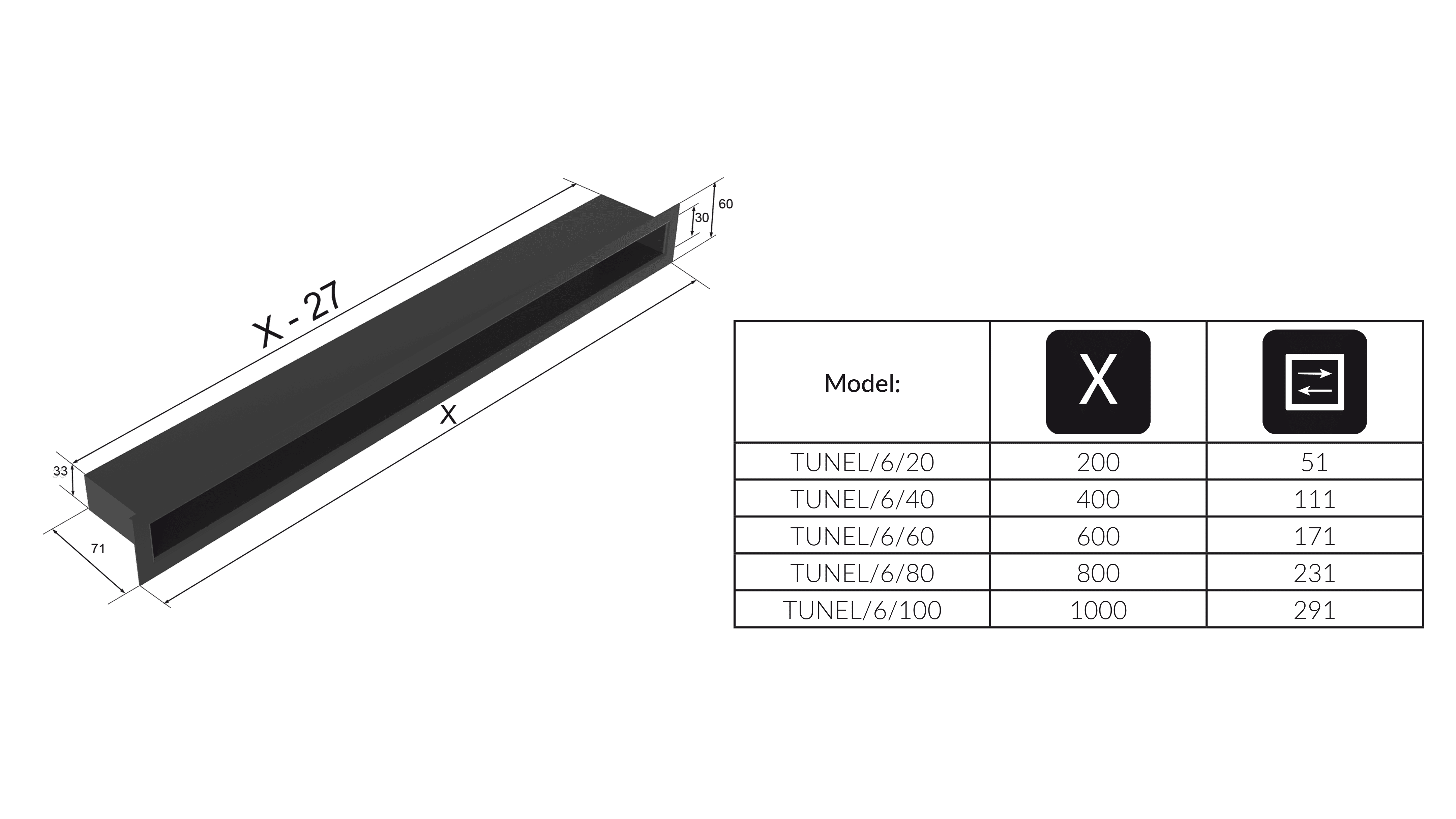 Lüftungsgitter TUNNEL 6x60 schwarz