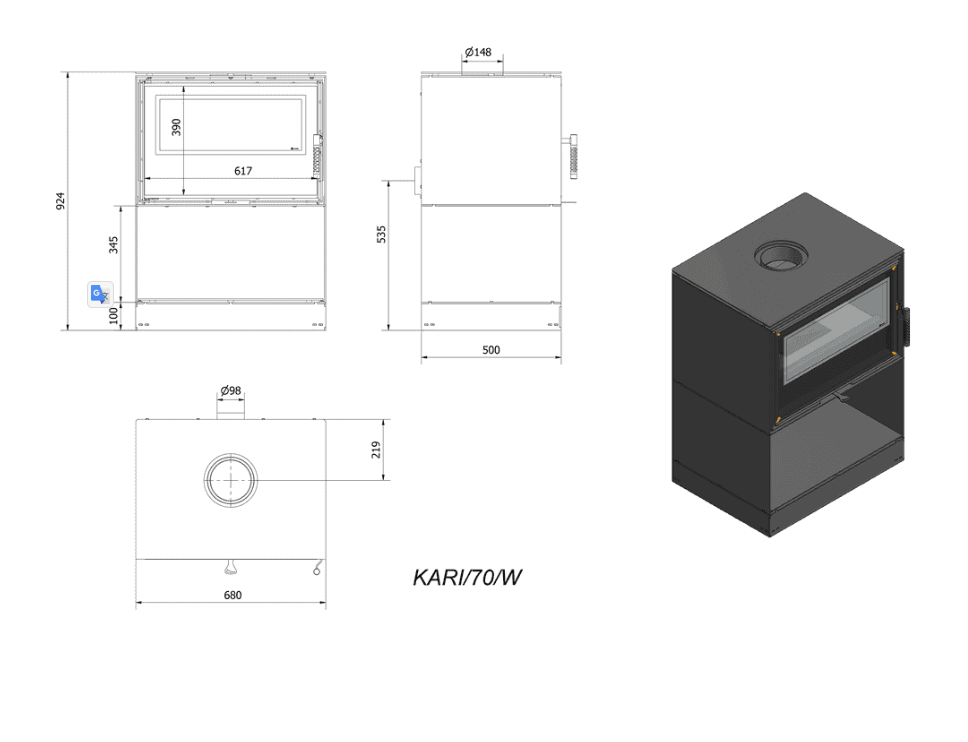 Kaminofen aus Stahl KARI 70 Ø 150 8 kW Platz für Holz