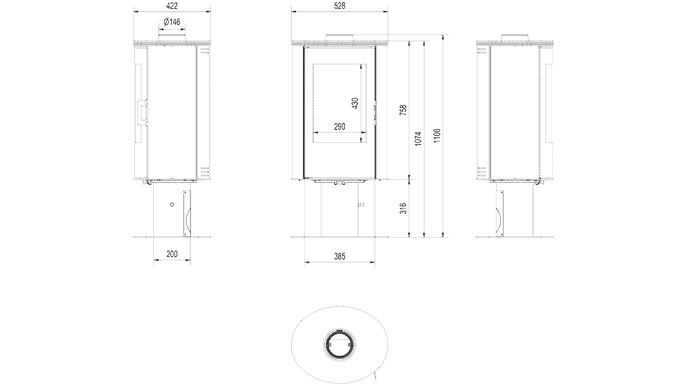 Kachelofen aus stahl drehbar AB S/N/O/DR Ø 150 8 kW schwarz Kachel