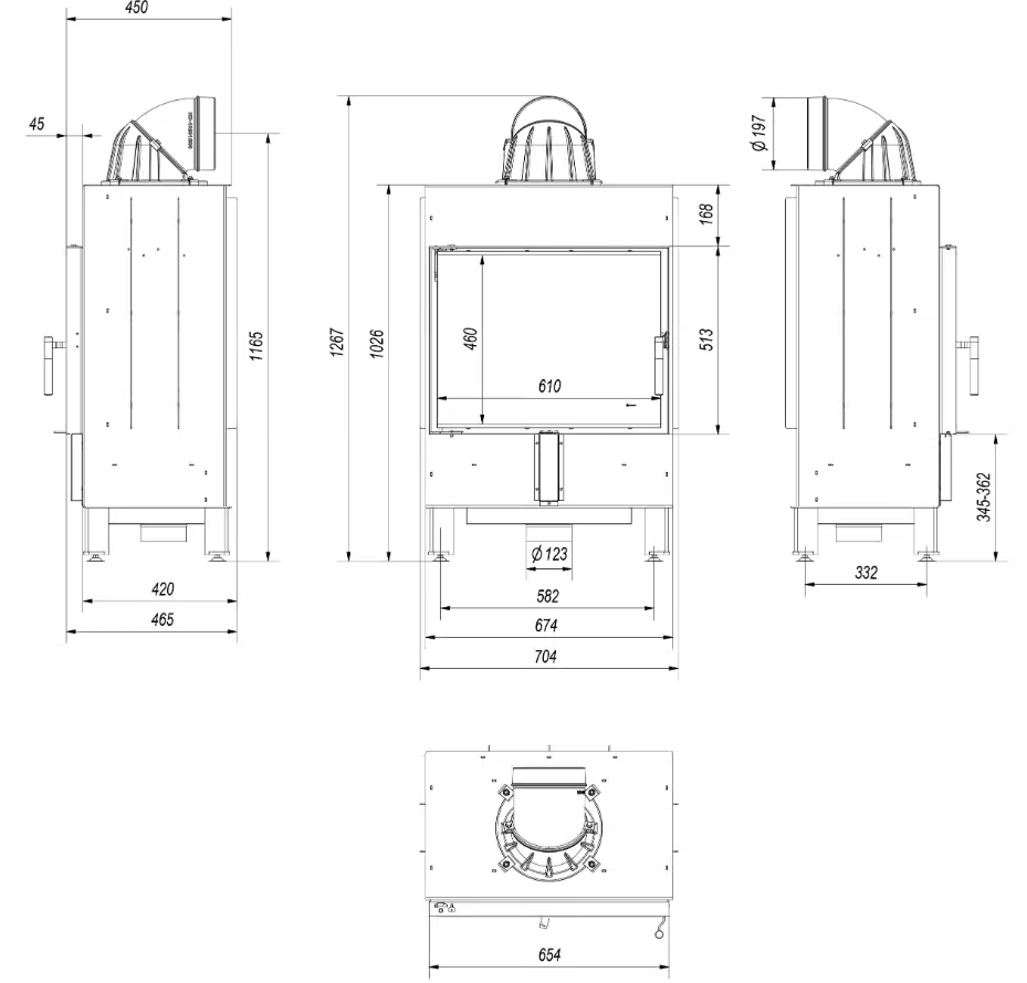 Kamineinsatz aus Stahl LUCY 12 kW Ø 200 Einbausatz