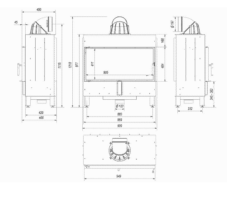 Kamineinsatz aus Stahl LUCY 16 kW Ø 200 schwarz Verkleidung