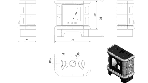 Kachelofen aus stahl WK440 Ø 130 5,5 kW creme Kachel